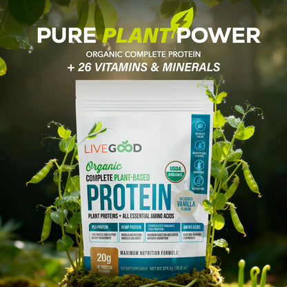 LIVEGOOD Complete Plant Based Protein Powder with Organic Pea Protein and Essential Amino Acids for Muscle Support, Recovery, Energy and Daily Nutrition, Vanilla Protein Supplement (30 Servings)