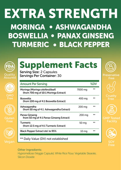 Lunakai USA Made Pure Moringa Capsules – 7850mg Advanced Moringa Leaf Extract Supplement with Ashwagandha, Boswellia, Ginseng & Turmeric, 60ct