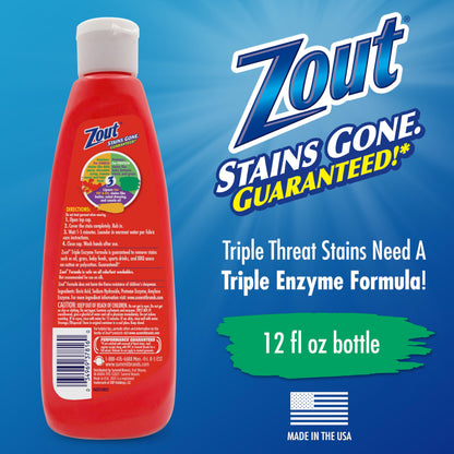 Zout Laundry Stain Remover, Triple Enzyme Formula for Blood, Tomato Sauce, & Oil Stains, Made in USA, 12 Ounce Squeeze Bottle with Flip Top Cap