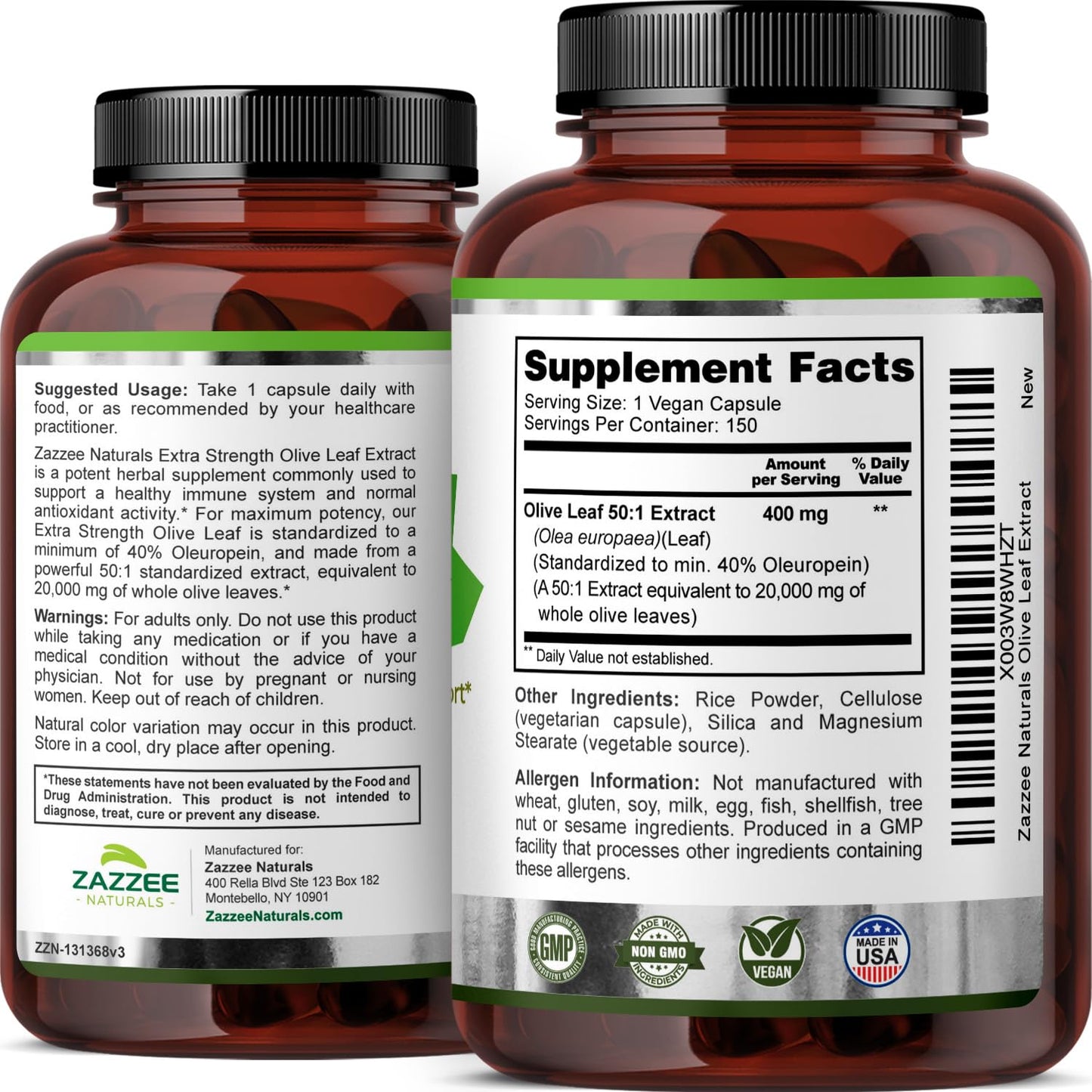Zazzee Extra Strength Olive Leaf 50:1 Extract, 20,000 mg Strength, 40% Oleuropein, 150 Vegan Capsules, 5 Month Supply, Concentrated and Standardized 50X Extract, 100% Vegetarian, Non-GMO, All-Natural