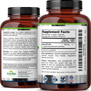 Zazzee Extra Strength Alpha GPC Choline, 700 mg per Serving, 75 Vegan Capsules, 100% Pure Pharmaceutical Grade, 100% Vegetarian, Standardized for Potency and Purity, All-Natural and Non-GMO