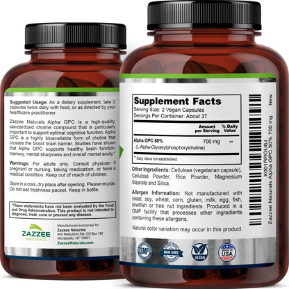 Zazzee Extra Strength Alpha GPC Choline, 700 mg per Serving, 75 Vegan Capsules, 100% Pure Pharmaceutical Grade, 100% Vegetarian, Standardized for Potency and Purity, All-Natural and Non-GMO