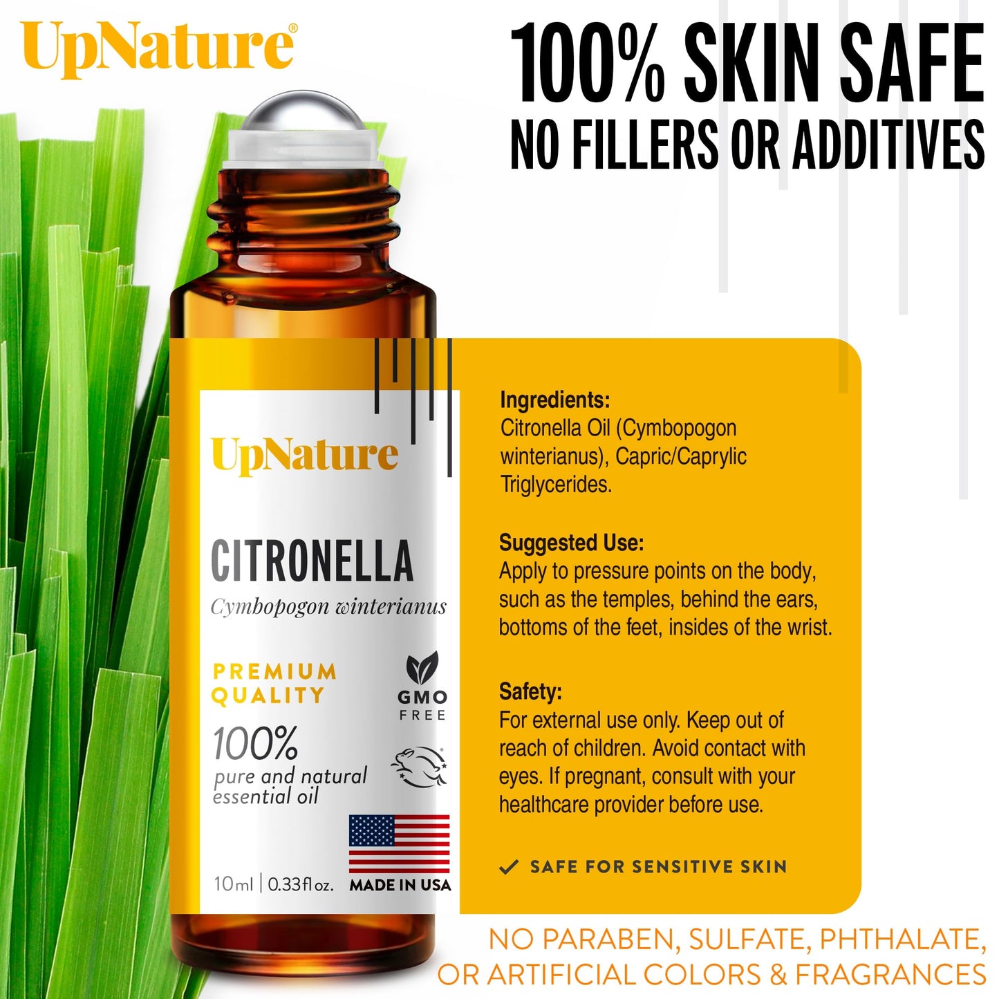 UpNature Citronella Oil Roll On – 100% Natural Citronella Essential Oil for Skin - Camping Essentials