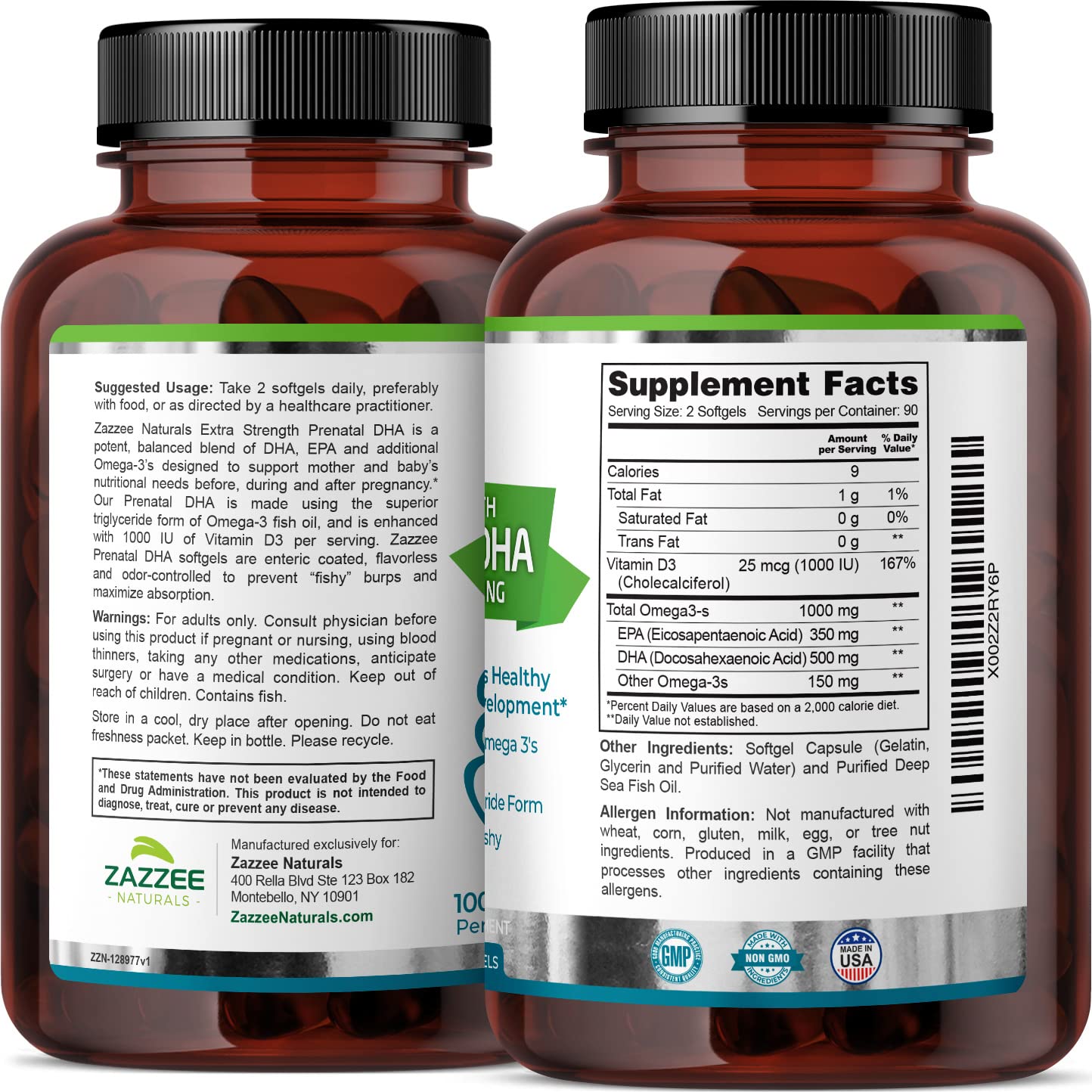 Zazzee Extra Strength Prenatal DHA 500 mg, 180 Enteric Coated Softgels, 1000 mg Omega 3’s, 1000 UI Vitamin D3, Burp Free, No Fishy Aftertaste, Superior Triglyceride Form, Purified Deep Sea Fish Oil