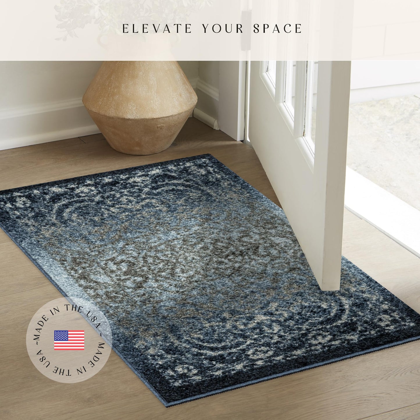 Maples Rugs Pelham Vintage Kitchen Rugs Non Skid Washable Accent Area Carpet [Made in USA], 1'8 x 2'10, Navy/Grey