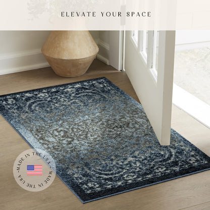 Maples Rugs Pelham Vintage Kitchen Rugs Non Skid Washable Accent Area Carpet [Made in USA], 1'8 x 2'10, Navy/Grey