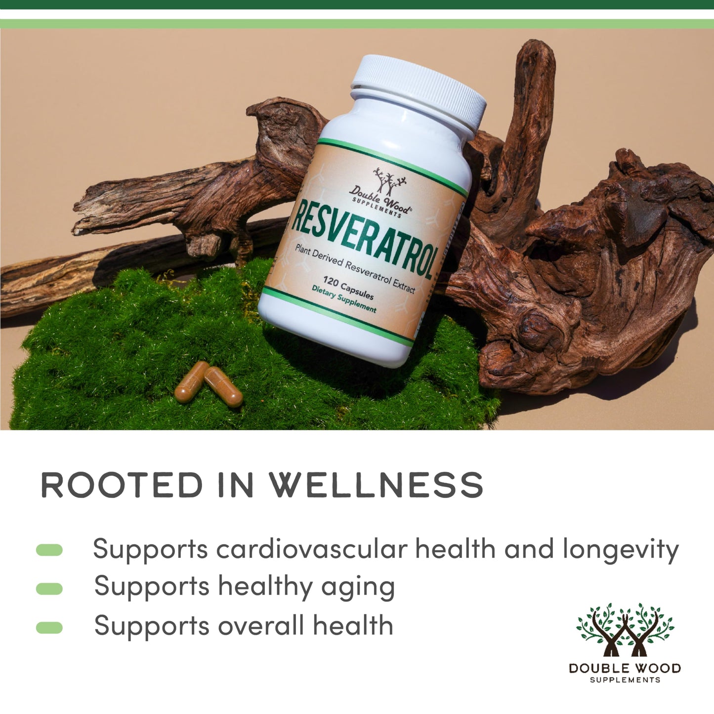 Resveratrol Supplement 500mg Per Serving, 120 Capsules (Resveratrol Polygonum Root Extract Providing 50% Trans Resveratrol) Healthy Aging Support by Double Wood