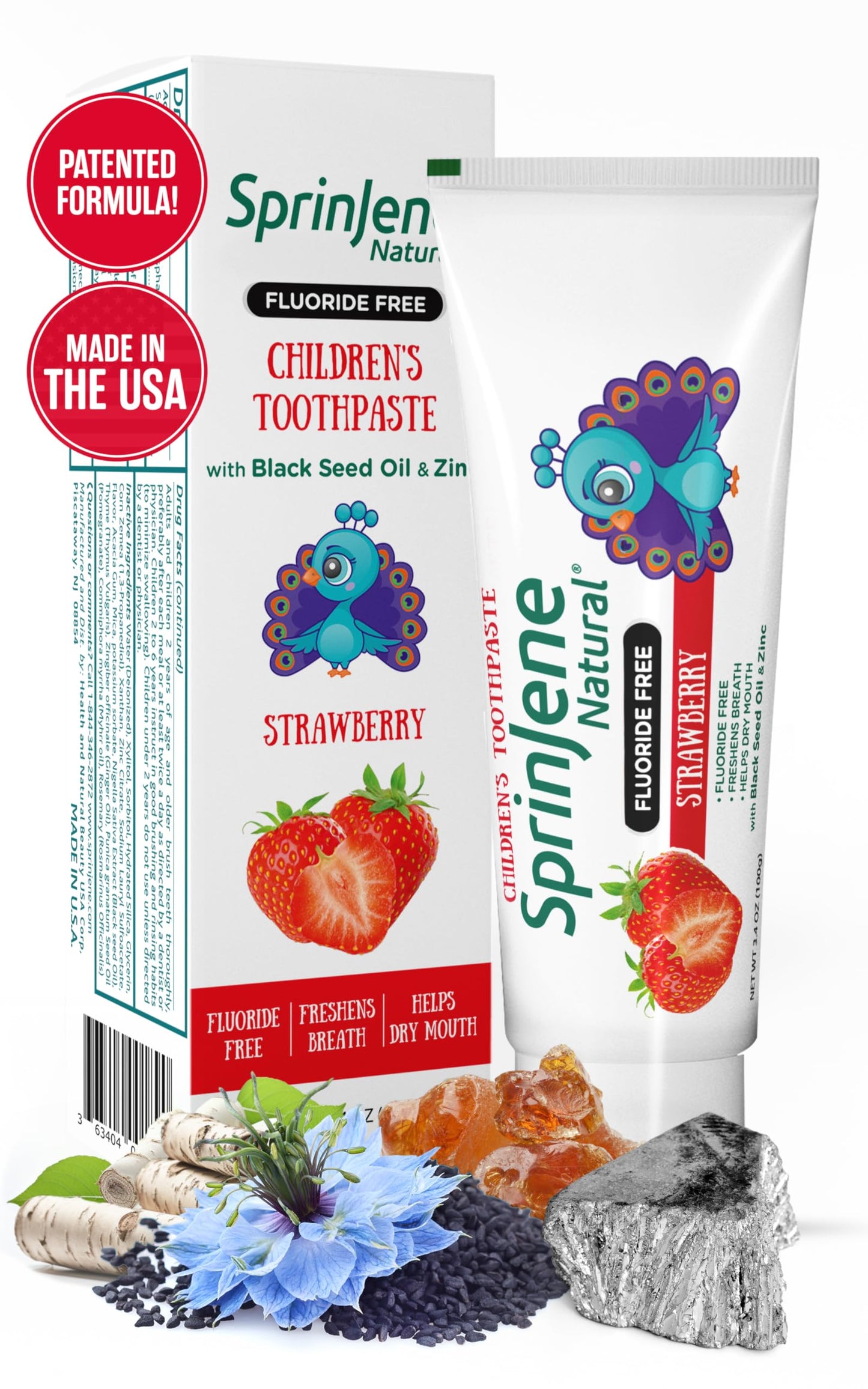 SprinJene Natural Children’s Toothpaste – Fluoride Free Strawberry Toothpaste for Toddlers & Kids – Gentle Safe Natural Formula with Patented Black Seed Oil & Zinc – Made in The USA (1 Pack)