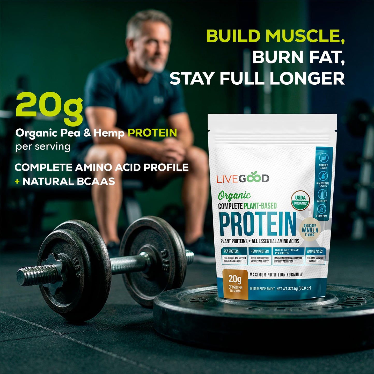 LIVEGOOD Complete Plant Based Protein Powder with Organic Pea Protein and Essential Amino Acids for Muscle Support, Recovery, Energy and Daily Nutrition, Vanilla Protein Supplement (30 Servings)