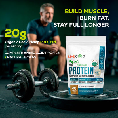 LIVEGOOD Complete Plant Based Protein Powder with Organic Pea Protein and Essential Amino Acids for Muscle Support, Recovery, Energy and Daily Nutrition, Vanilla Protein Supplement (30 Servings)