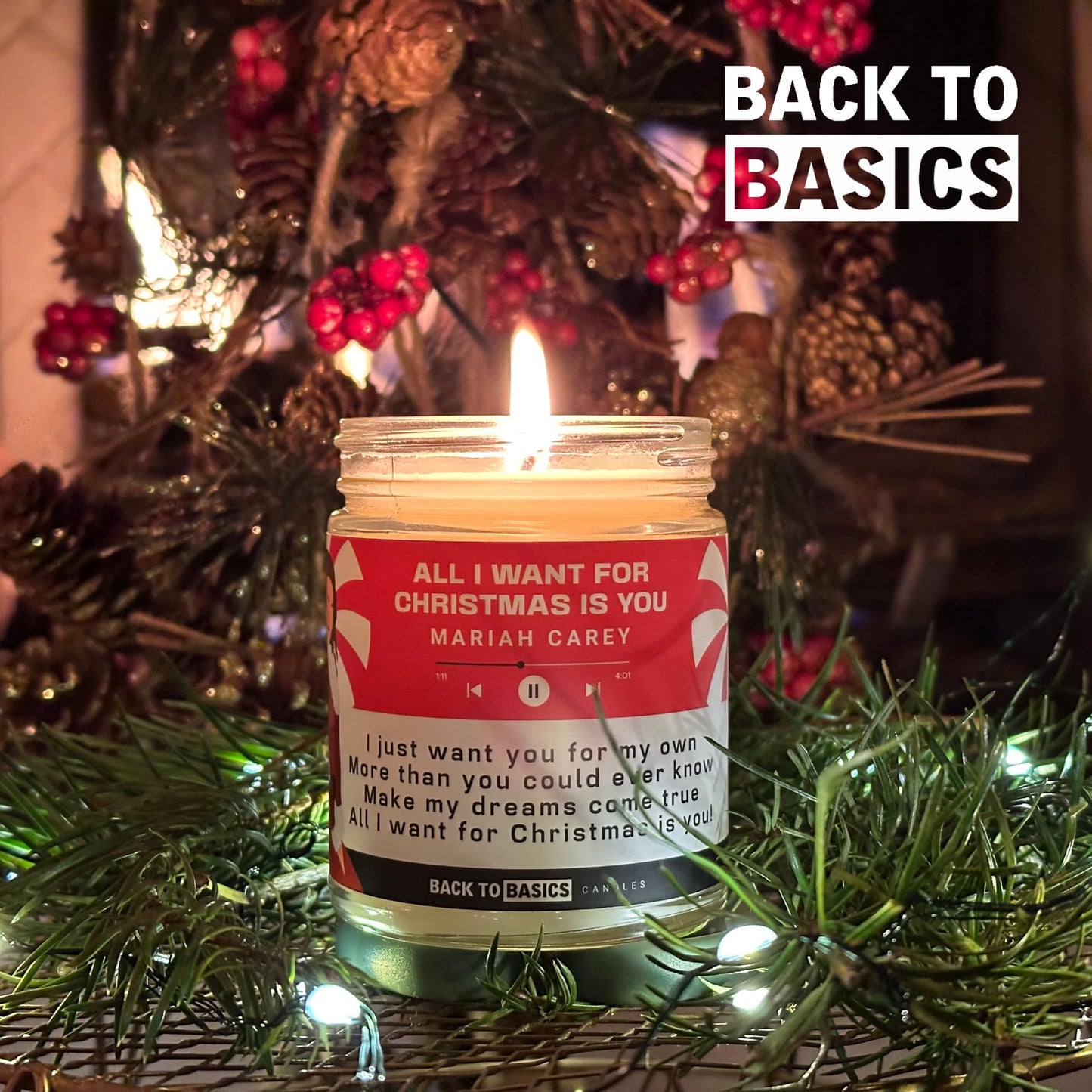 Back to Basics Candles | All I Want for Christmas - 9oz Soy Wax Xmas Tree Scented Candle for Home Decor, Birthday Gifts for Women, Men, Best Friend | Relaxing Aromatherapy Made in USA