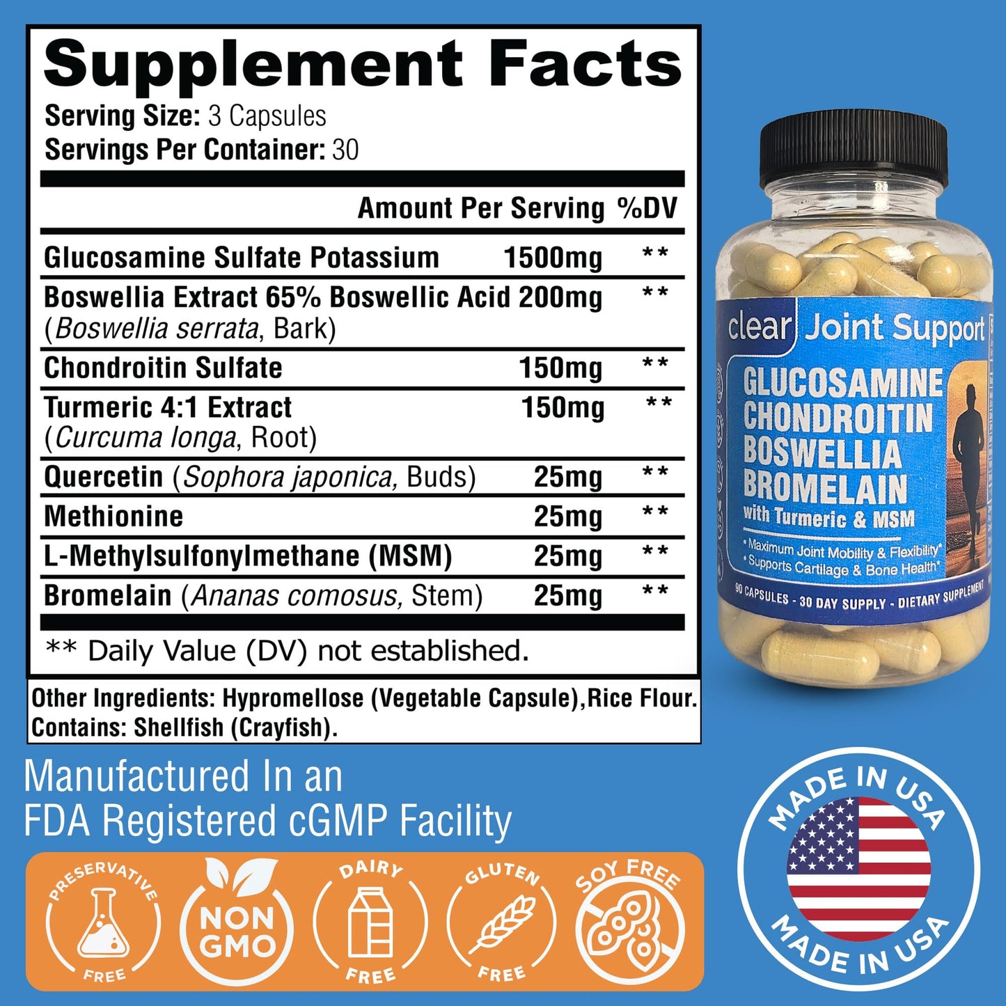 Glucosamine Chondroitin MSM with Turmeric & Boswellia 90 Capsules | 8-in-1 Joint Support Supplement for Flexibility & Mobility | Joint Supplement for Men & Women – Support Back, Knee, Hips & Joints