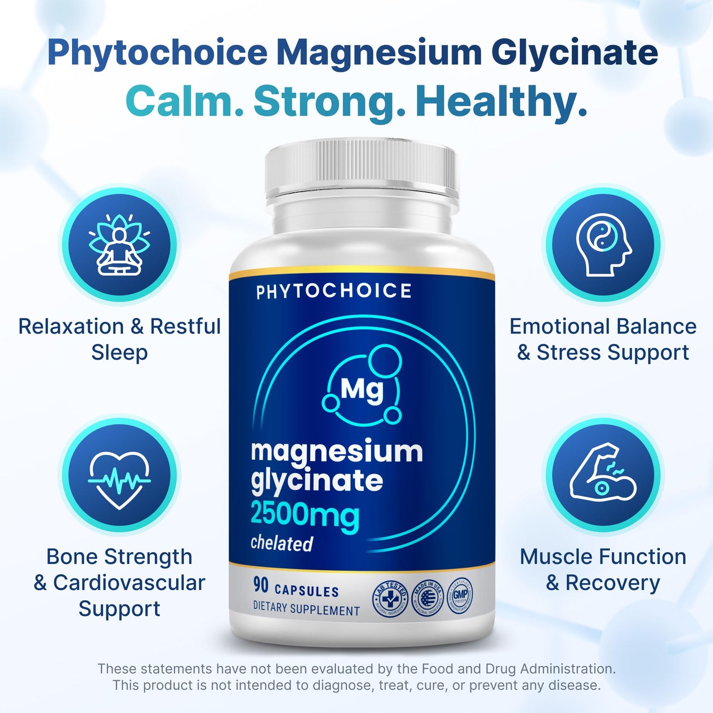 High Potency 2500mg Magnesium Glycinate Supplement for Men and Women, Chelated for High Absorption Pure Elemental Magnesio Complex - Support Sleep, Nerve & Muscle Health, Made in USA - 1 Month Supply