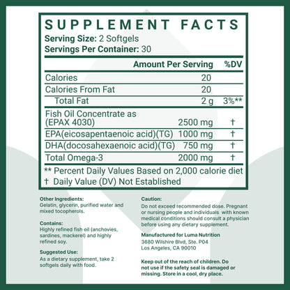Luma Nutrition Omega 3 Fish Oil Supplement - Extra Strength 2500mg - 2000mg EPA & DHA - Brain and Heart Health - 60 Softgels