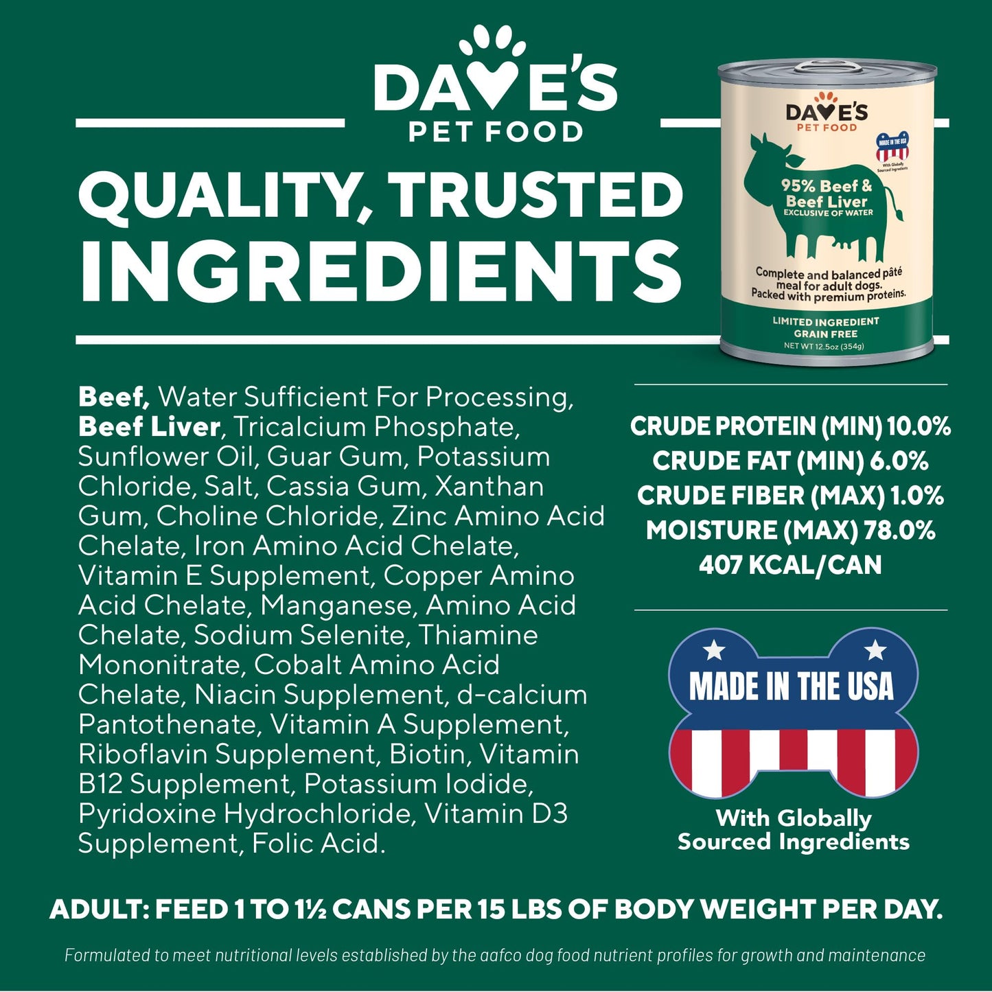 Dave's Pet Food Grain Free Wet Dog Food (95% Beef & Beef Liver), Made in USA Single-Source Protein, Limited Ingredients Added Vitamins & Minerals, 12.5 oz Cans (12 Pack)