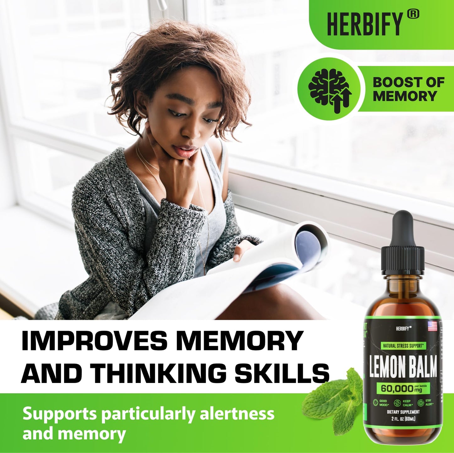 HERBIFY Lemon Balm Tincture - Melissa Officinalis Leaf Liquid Extract - Brain Support and Mood Boost - Lemon Balm Drops for Immune & Cognitive Support - 2 Fl oz