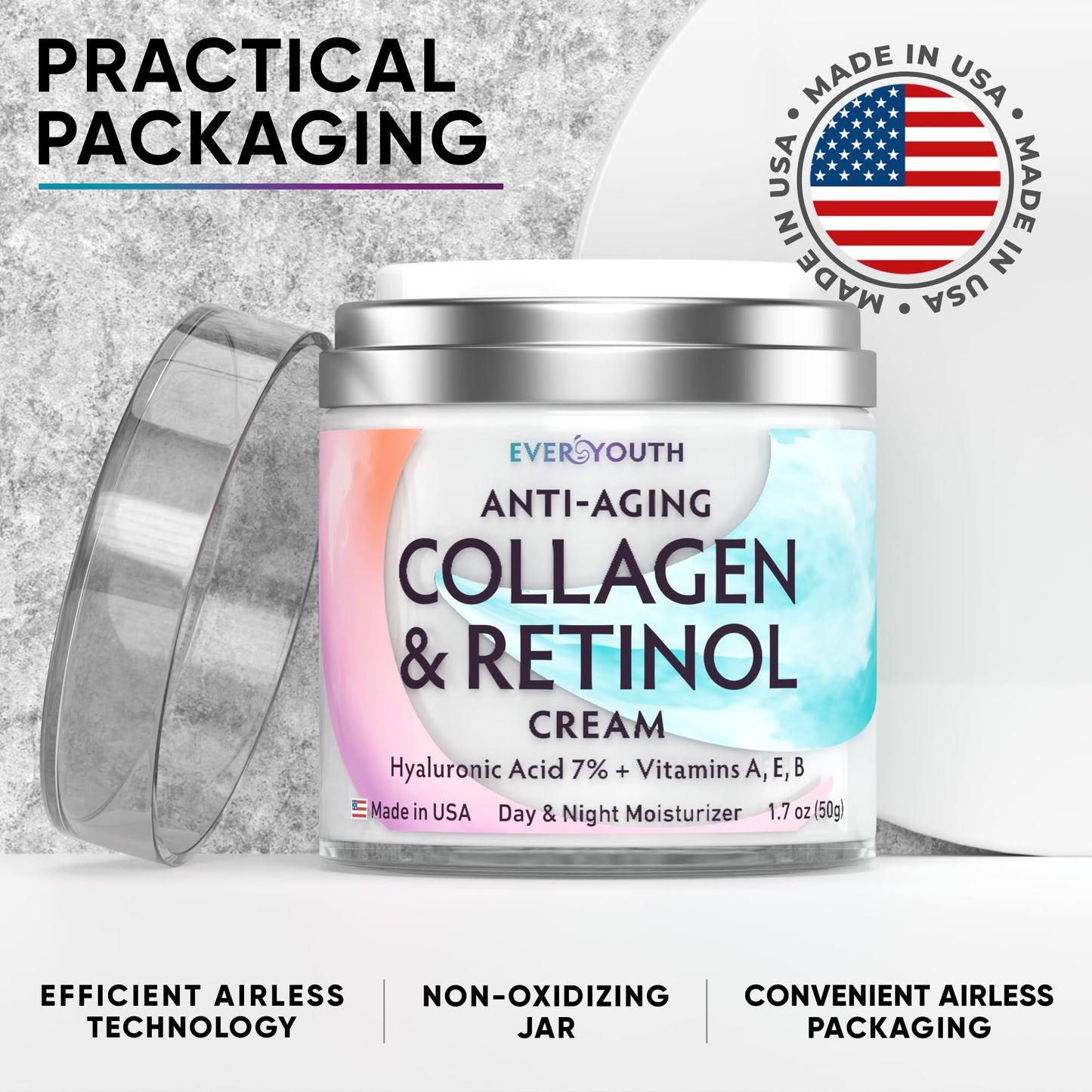 Collagen Cream for Face, Anti Aging Facial Moisturizer for Women with Hyaluronic Acid, Vitamin A, Vitamin E, Made in USA, Anti Wrinkle Face Cream, Neck Creams for Tightening and Firming