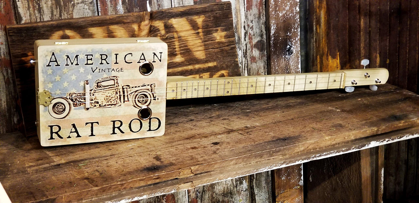 "American Rat Rod" 3-string Acoustic-Electric Cigar Box Guitar - Fun to Play, Made in the USA!