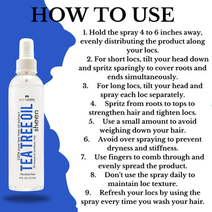 Black Queen Tea Tree Oil Sheen Spray for Locs, Dreadlocks, Twists, Braids, Cornrows, 4C Hair - Moisturizing, Refreshing - Made in the USA - 2 oz
