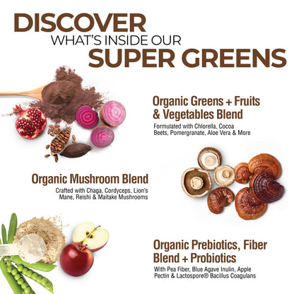 COUNTRY FARMS Organic Super Greens Chocolate Flavor, 50 Organic Super Foods, USDA Organic Drink Mix, Packed with Fiber, Fruits, Vegetables, Mushrooms & Probiotics, Supports Energy, 7g Fiber