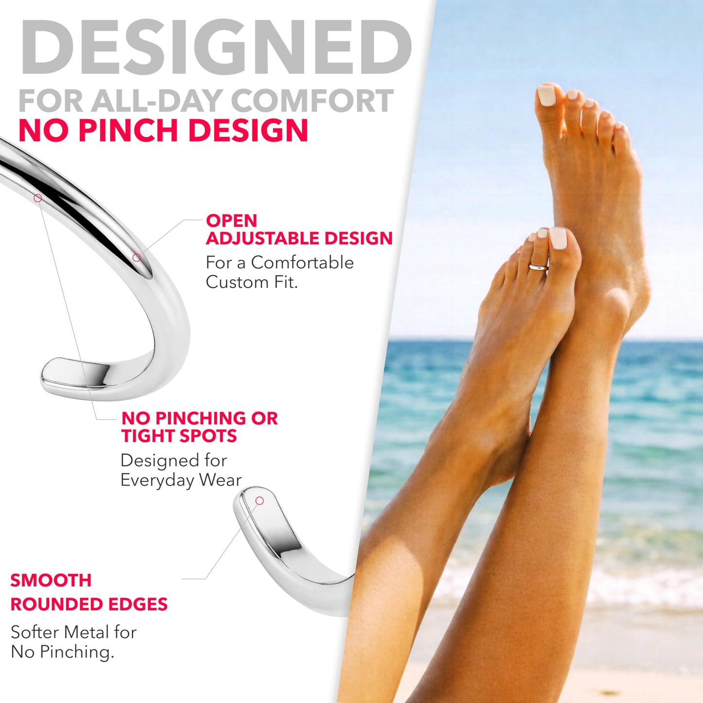 Body Candy ComfortFit Adjustable Toe Ring for Women – Handcrafted in USA by Master Jeweler – 925 Sterling Silver – Minimalist Stackable Toe Ring – No Pinch