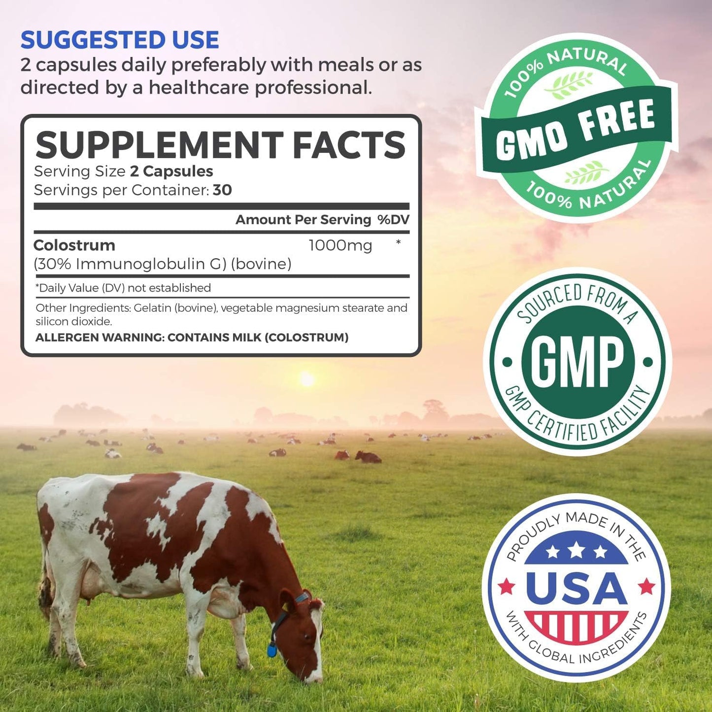 Bovine Colostrum for Women - Colostrum Supplement with 1,000mg per Serving and 30% IgG Immunoglobulins from First Milking - Low Heat Processed for Maximum Potency Non-GMO & Made in The US (1 Month)