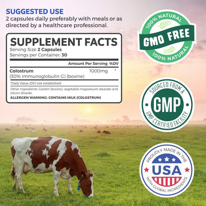 Bovine Colostrum for Women - Colostrum Supplement with 1,000mg per Serving and 30% IgG Immunoglobulins from First Milking - Low Heat Processed for Maximum Potency Non-GMO & Made in The US (1 Month)