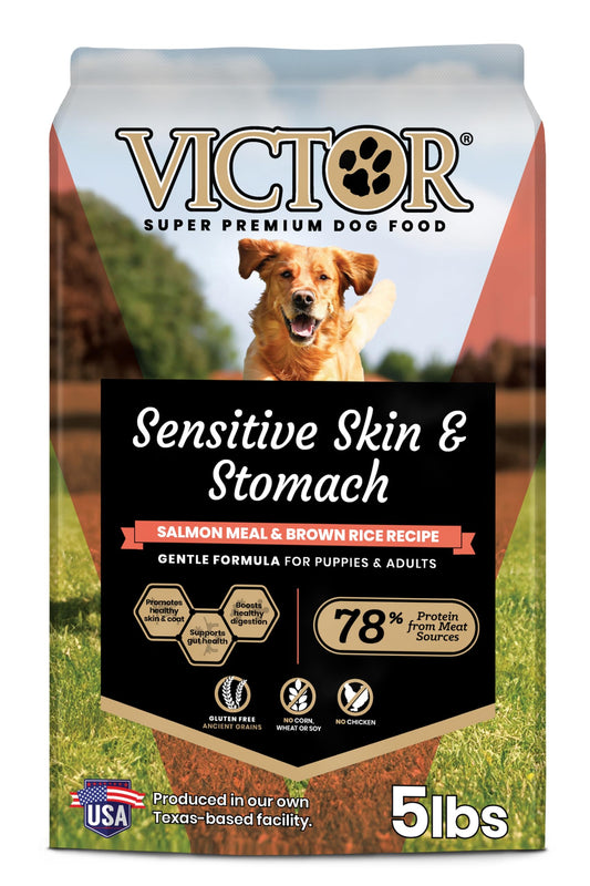 VICTOR Super Premium Dog Food — Sensitive Skin and Stomach — Salmon Meal & Brown Rice Recipe Dry Kibble — Gluten Free, No Chicken, Ideal for Dogs with Allergies — Adult and Puppy Food, 5 lb