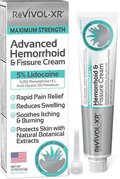 REVIVOL-XR Advanced Hemorrhoid Treatment. 5% Lidocaine + Shrinks + Protects Skin + Aloe + Witch Hazel + Botanicals, External & Internal Use. Most Complete OTC Ointment & Fissure Cream, USA Made.