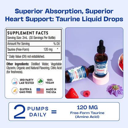 Taurine Liquid Drops Supplement - Fast Absorbing, Non-GMO, Vegan - Free Form Amino Acid for Hydration and Cognitive Function Support - Complements Essential Amino Acids Supplement (Mixed Berry, 60 mL)