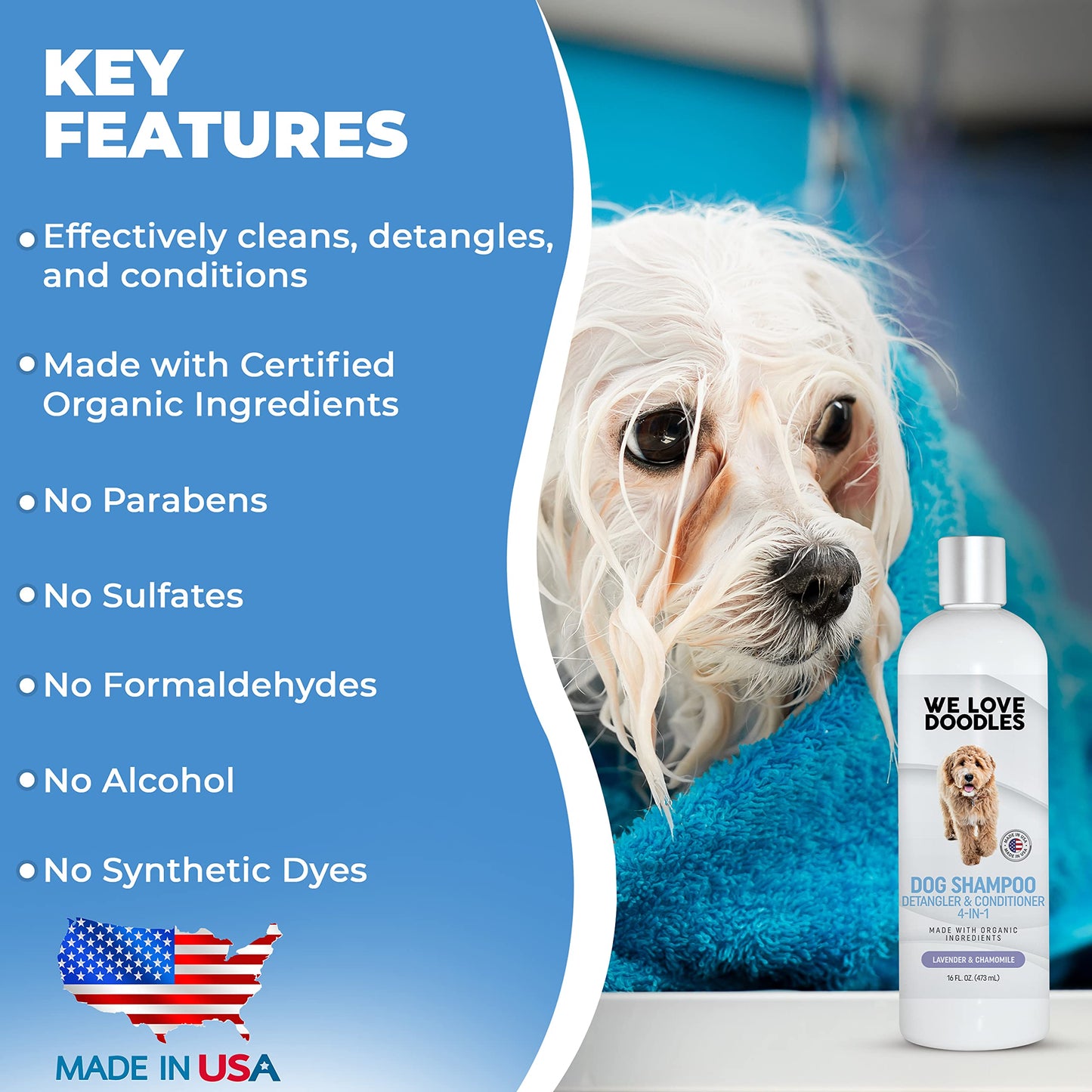 USDA Organic Dog Shampoo, Conditioner & Detangler - Best Shampoo for Goldendoodles, Poodles & Doodles - for Matted Pet Hair - Sensitive Skin Shampoo for Puppies - Made in The USA, 16OZ (Lavender)