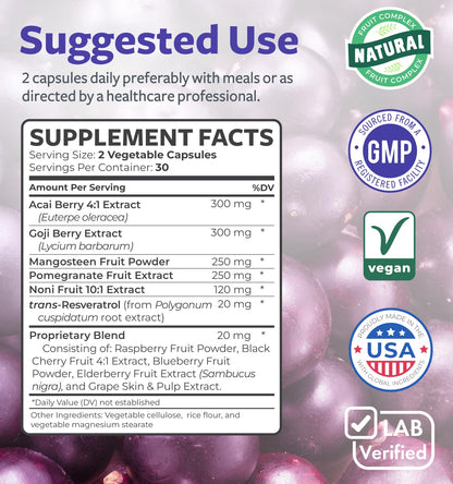 Super Antioxidants Supplement - Powerful Super Food Antioxidant Daily Blend - Acai Berry, Goji, Pomegranate & Trans Resveratrol - Herbal and Fruit Formula For Women and Men - Skin Care - 60 Capsules