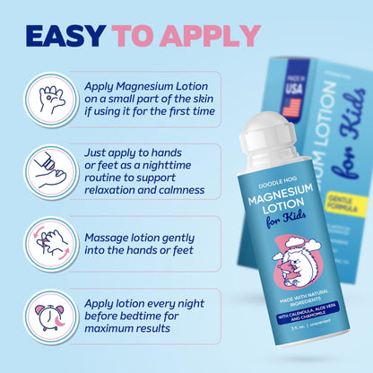DOODLE HOG Magnesium Lotion for Kids, With Calendula, Aloe Vera and Chamomile, Magnesium Lotion for Sleep, Made in USA Kids, Roll-On Application, 3 fl oz