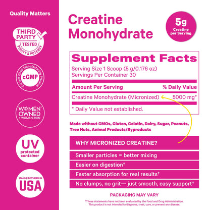 Pink Stork 5g Micronized Creatine Monohydrate Powder for Women - Support Muscles, Cellular Energy, Cognitive Function - Essential Amino Acid - Clean Alternative to Pills or Gummies - 30 Servings