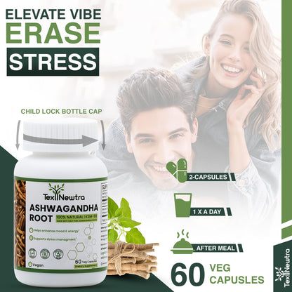 TEX NEWTRA KSM-66 Ashwagandha Root Extract 600mg, 60 Capsules - 5% Withanolides - Full-Spectrum Root Extract