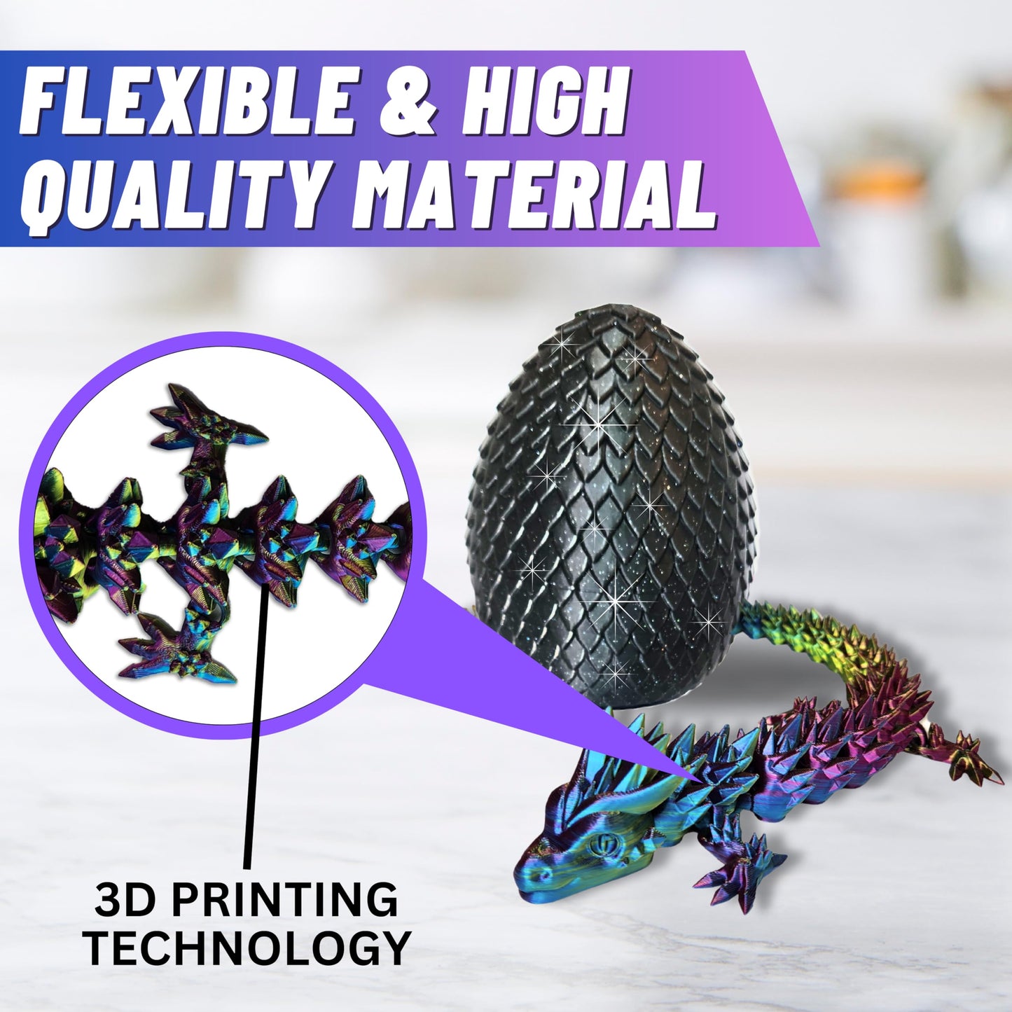 Amerimaker 20" Articulated 3 Dimensional Printed Dragon – Color-Changing Fidget Figurine, Flexible Desktop Toy, Mythical Dragon Figure, Made in USA, 3D Printed Toys (Rainbow with Black Egg)