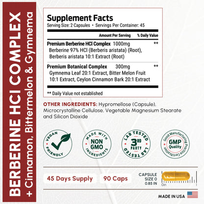 ForestLeaf Berberine Supplement - 1300mg per Serving - Ultra High Potency Berberine HCl with Ceylon Cinnamon, Bitter Melon & Gymnema - Weight Management Support - 90 Caps