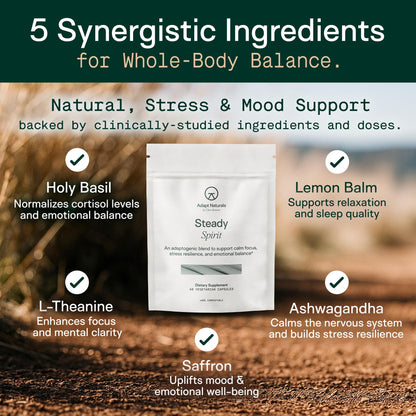 Adapt Naturals Steady Spirit Stress, Anxiety & Mood Support Supplement for Women and Men with Ashwagandha, L-Theanine, Holy Basil, Saffron, and Lemon Balm - Stress Relief Supplement - 60 Day Supply