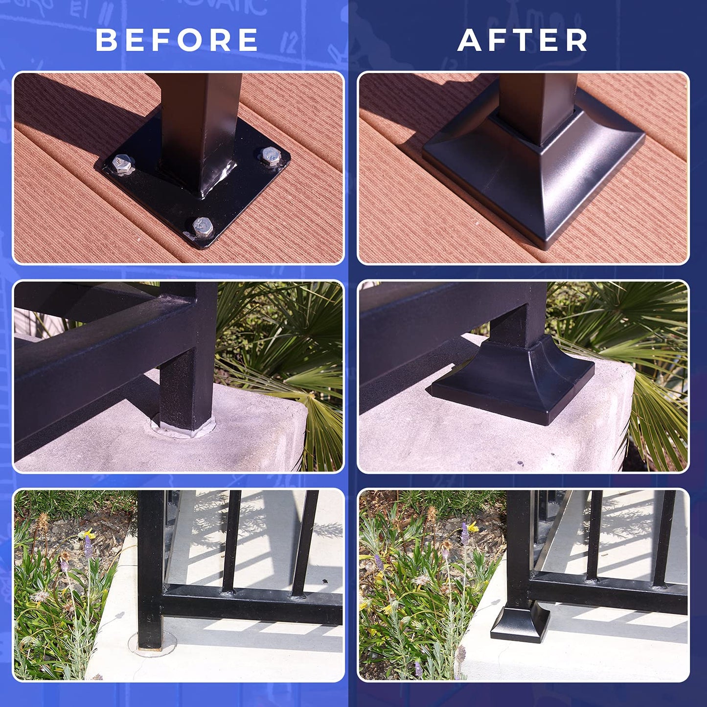 Simshoe Deck Post Base Cover – Durable, Snap-Together Shoe Base Instantly Transforms Hand & Stair Rail Feet – Porch, Stair & Deck Base Brackets Covers – UV-Resistant ABS Plastic (Black)