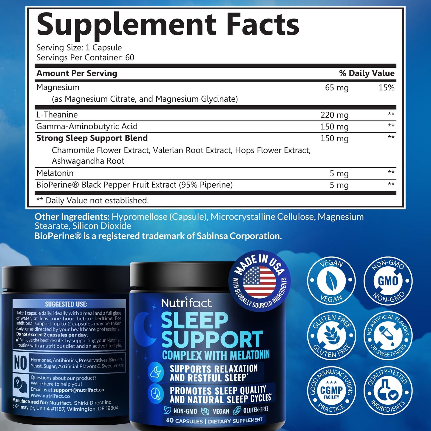 Sleep Supplement with Melatonin 5mg - Made in USA, Vegan, Non-GMO, Non-Habit Forming Deep Sleep Supplements for Adults - With Magnesium Glycinate, Ashwagandha, L-Theanine, Valerian Root - 60 Capsules