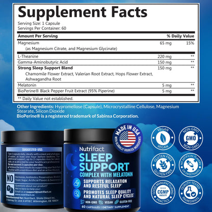 Sleep Supplement with Melatonin 5mg - Made in USA, Vegan, Non-GMO, Non-Habit Forming Deep Sleep Supplements for Adults - With Magnesium Glycinate, Ashwagandha, L-Theanine, Valerian Root - 60 Capsules