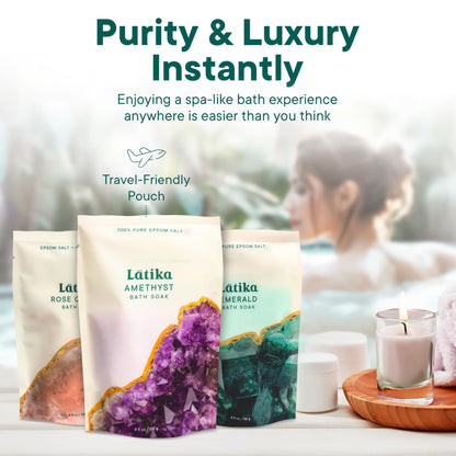 Latika Geode-Inspired Bath Soak Set of 3 - Amethyst, Rose Quartz & Emerald with Essential Oils & Epsom Salt - Sandalwood, Lavender, Sage & Eucalyptus for Stress Relief, Muscle Recovery & Skin Care