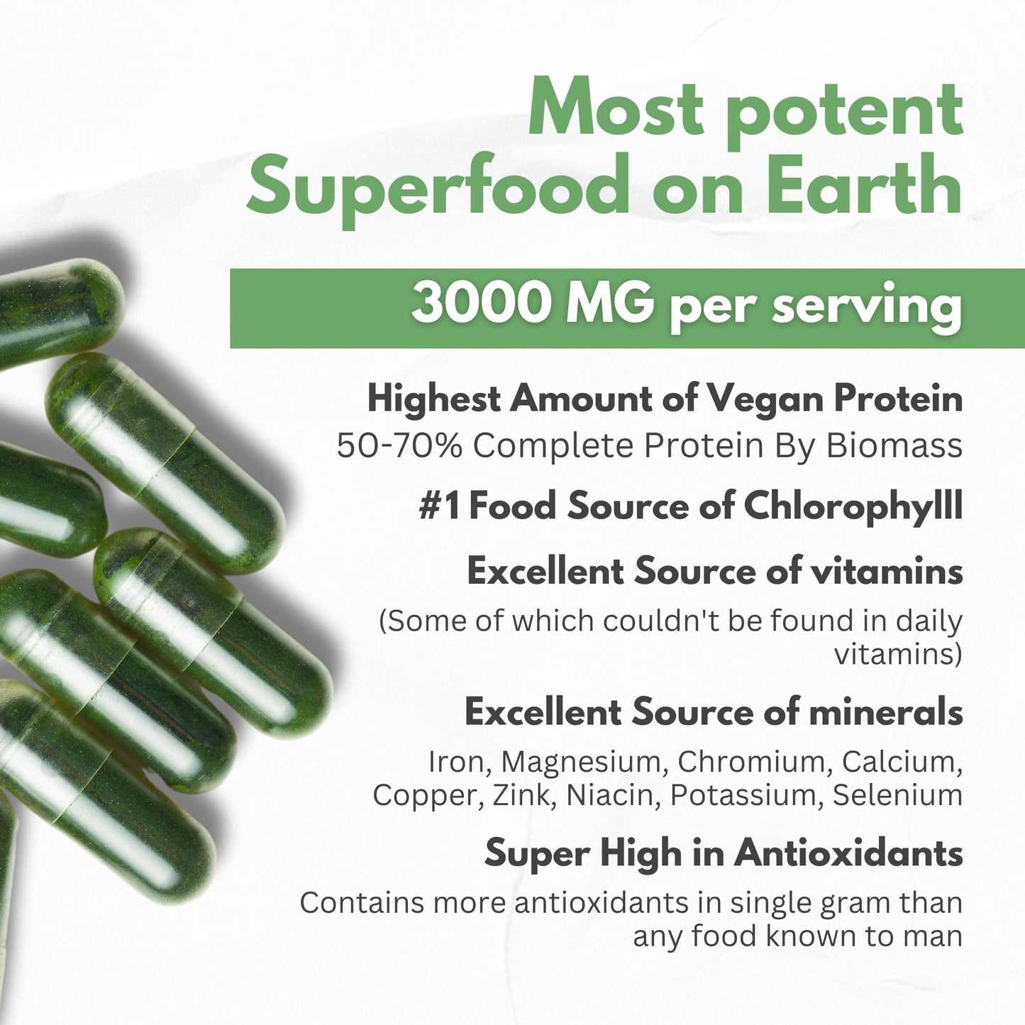 Spirulina Powder Capsules 3000 mg - Purest Non-Irradiated Blue Green Algae - Best Raw Vegan Protein - Green Superfood - Natural Multivitamins – 180 Pills Made in The USA