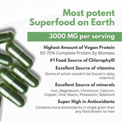 Spirulina Powder Capsules 3000 mg - Purest Non-Irradiated Blue Green Algae - Best Raw Vegan Protein - Green Superfood - Natural Multivitamins – 180 Pills Made in The USA