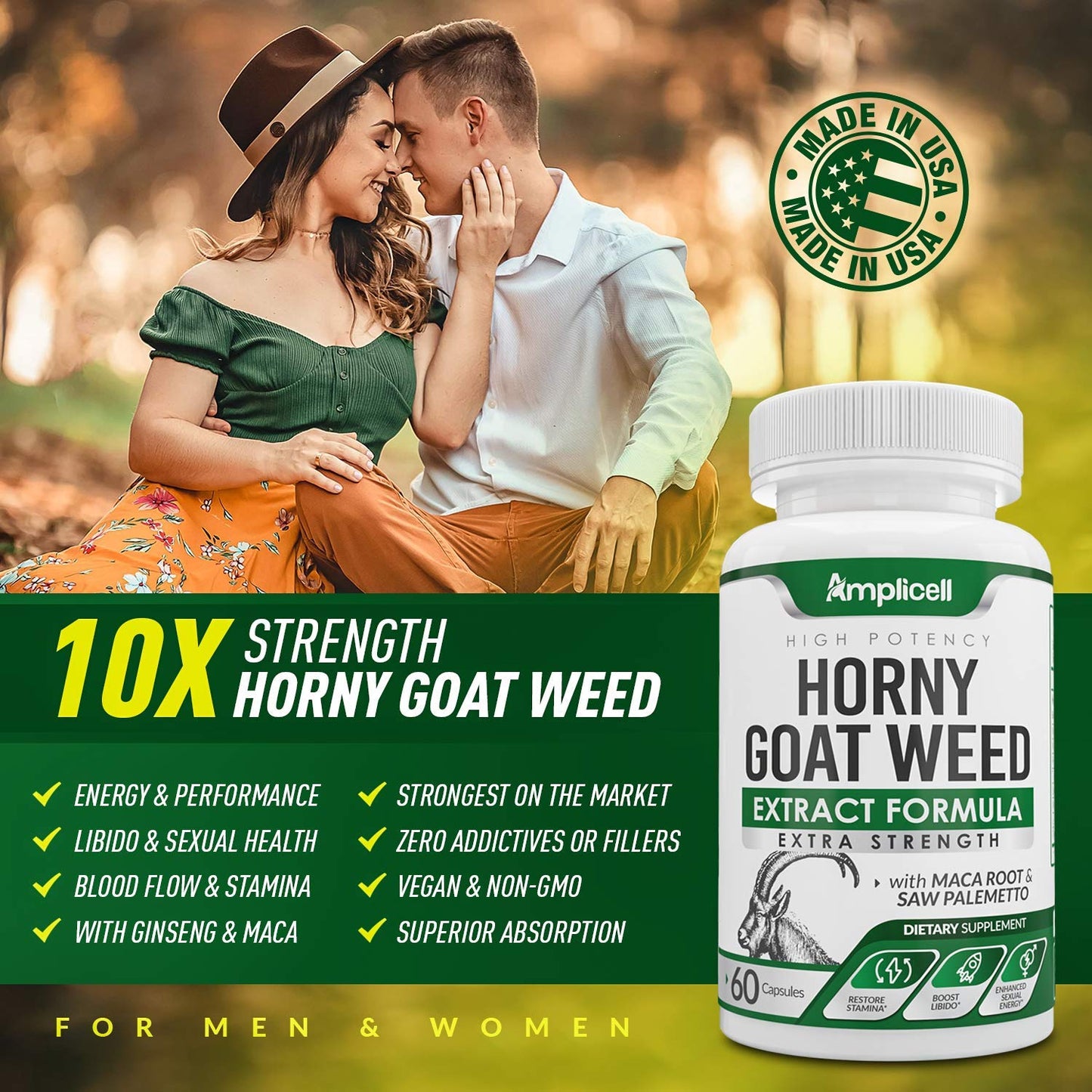 AMPLICELL Horny Goat Weed with Maca Root, Tongkat Ali, L-Arginine & Panax Ginseng – Male Performance & Libido Booster Supplement – Energy, Stamina & Vitality Pills for Men & Women – 60 Capsules