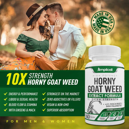 AMPLICELL Horny Goat Weed with Maca Root, Tongkat Ali, L-Arginine & Panax Ginseng – Male Performance & Libido Booster Supplement – Energy, Stamina & Vitality Pills for Men & Women – 60 Capsules