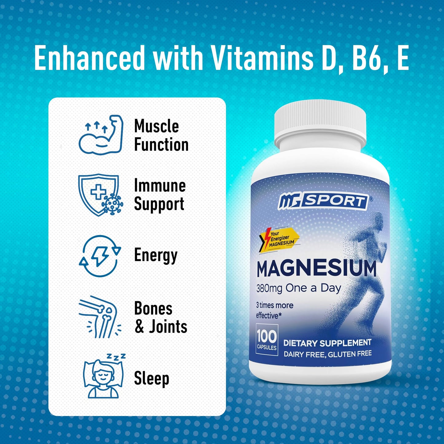 Magnesium Supplement Complex MGSPORT - High Absorption Supplement with Vitamins B6, D, E - Relieves Leg Cramps & Muscle Support - 100 Servings