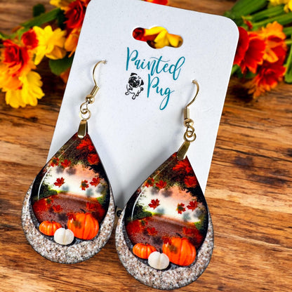 Fall Earrings for Women Autumn Lightweight Teardrop Pumpkin Thanksgiving Jewelry Dangle Fun Colorful Statement Handmade The Painted Pug (Fall Scene)