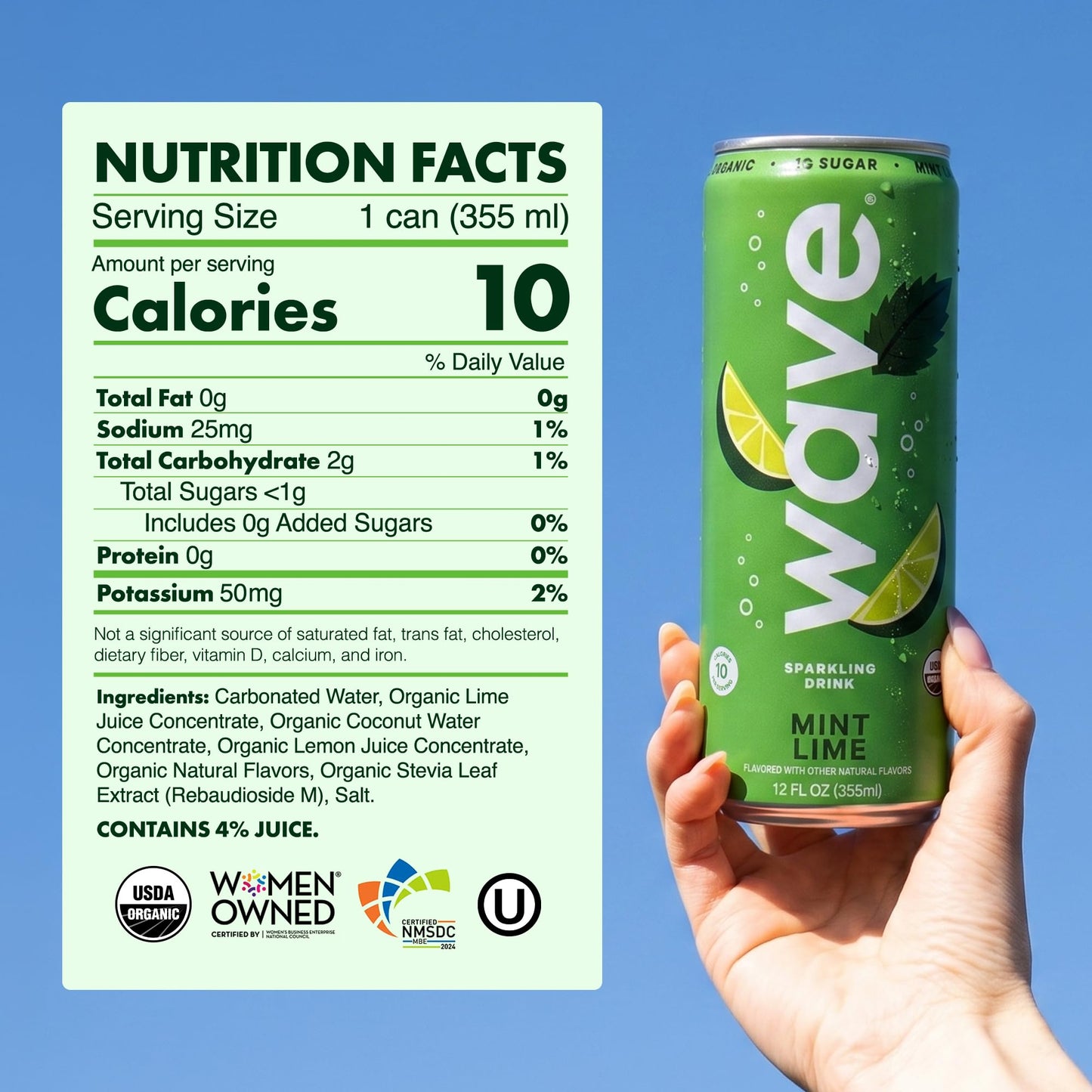 WAVE Organic Sparkling Drink | Low Calorie Drink, Mint Lime Lightly Carbonated | Great Natural Soda Alternative | USA Made Kosher No Added Sugar, Color, & Artificial Ingredients |12 Pack