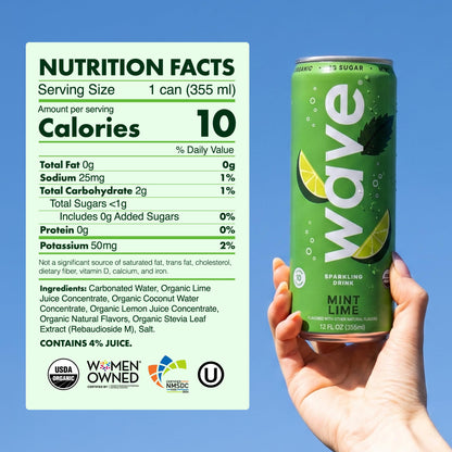 WAVE Organic Sparkling Drink | Low Calorie Drink, Mint Lime Lightly Carbonated | Great Natural Soda Alternative | USA Made Kosher No Added Sugar, Color, & Artificial Ingredients |12 Pack